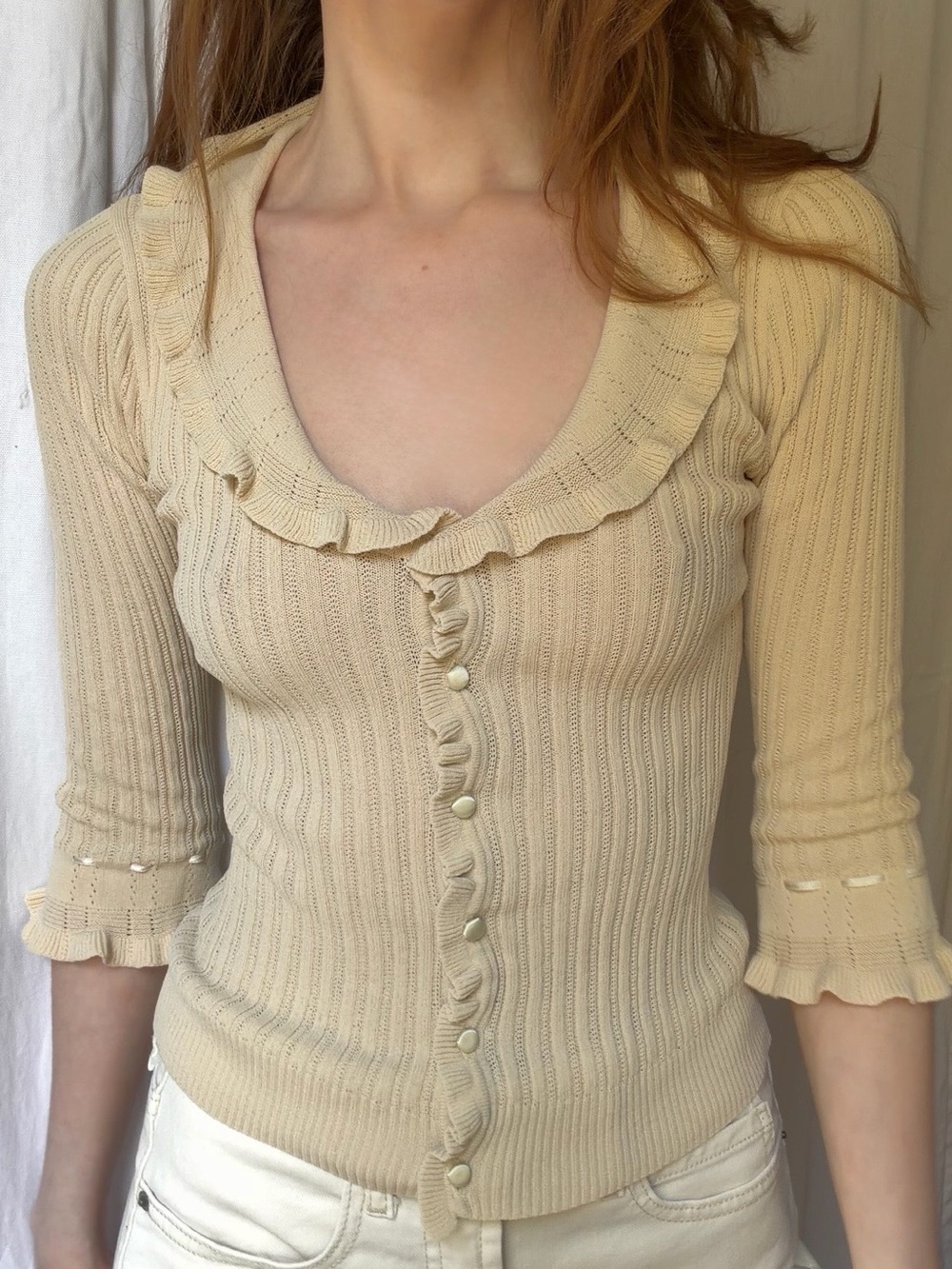 🤎Vintage // Ruffled Scoop Neck Knit Cardigan Top🤎